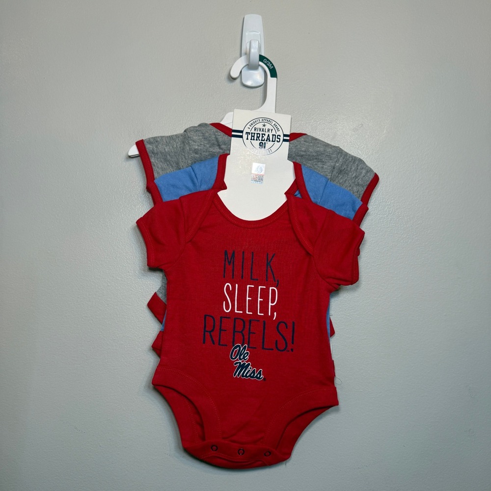 Rivalry Threads Ole Miss Rebels 3 Pack Infant Bodysuits 0-3M Red Blue Grey NEW